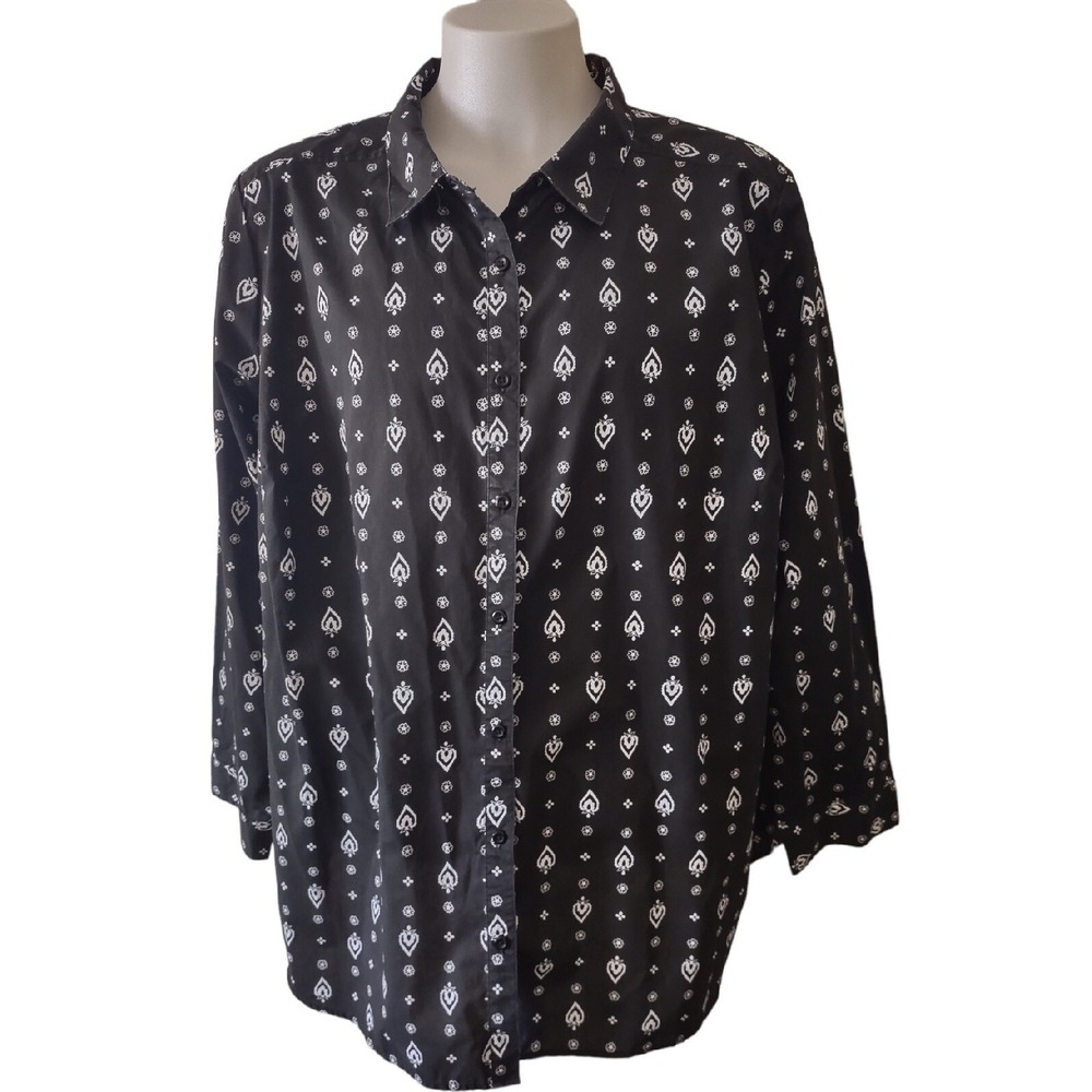 Roaman's Button Down Shirt Women's 32W Plus Size Boho Black White‎ Print Blouse